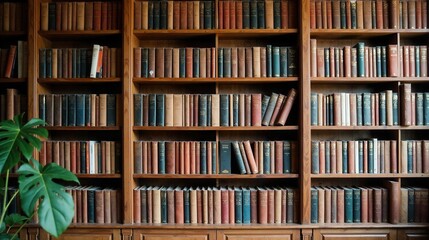 A wall of antique books, meticulously arranged on wooden shelves in a classic library setting.