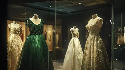 A glamorous evening gown displayed in a high-fashion showroom, spotlighted