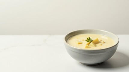 Creamy potato soup in a gray bowl garnished with fresh herbs