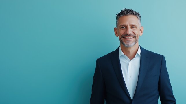 Portrait of smiling man in suit on monochrome background. Copy space with generative ai