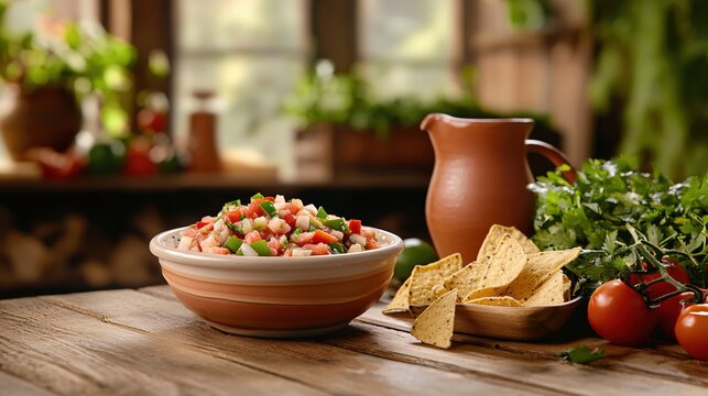 Rustic Table Setting with Fresh Salsa Tortilla Chips and Herbs