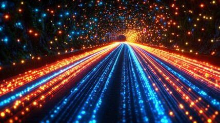 Illustration of a quantum computer, featuring a 3D arrangement of entangled qubits emitting light pulses, representing the advanced technology of quantum computing