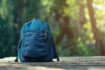 Full School backpack on wooden and nature background