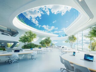 Fototapeta premium Futuristic classroom program training sessions modern education facility visual content open environment aerial view innovative learning experience