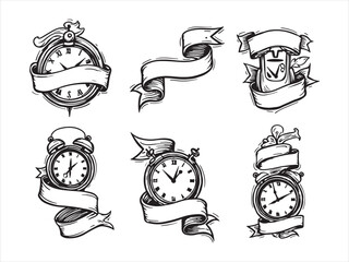 Clock Outline with ribbon vector design set