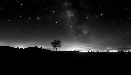 A black and white photograph capturing star trails as luminous streams above a tranquil field