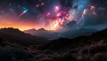The Milky Way sparkles above a mountain range, accompanied by otherworldly light trails illuminating the night sky