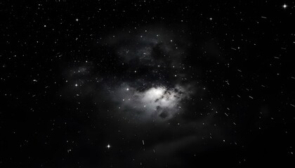 Black and white photo depicting streams of light from star trails over a peaceful field under a night sky