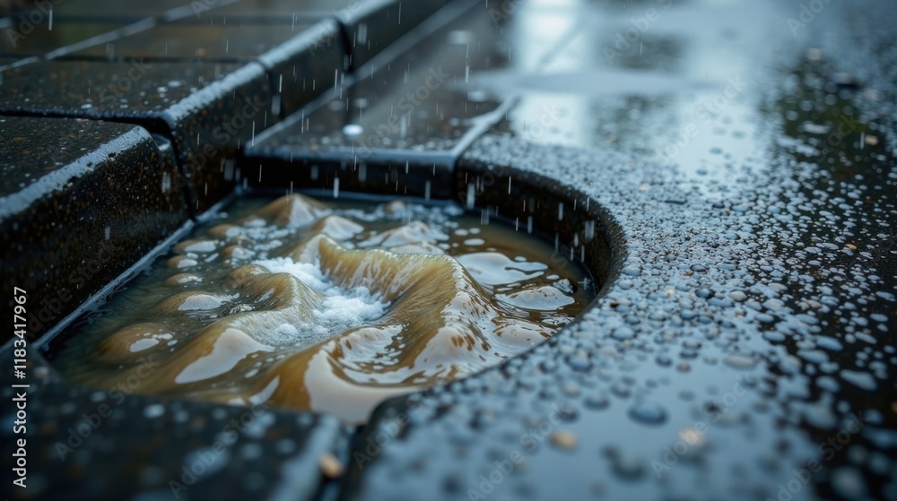 Poster Rainwater cascading down a textured surface into a sculpted basin