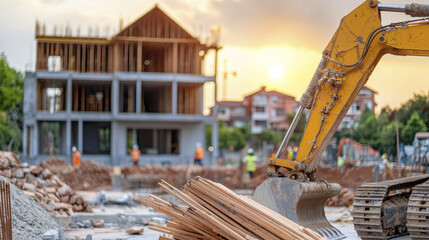 Fototapeta premium Construction site with building under construction at sunset