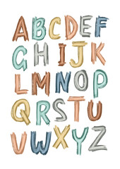 ABC alphabet poster design with multicolored raised letters isolated on white background in modern flat style.