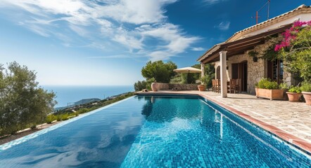 Fototapeta premium Luxury Mediterranean Villa with Pool and Breathtaking Sea View: Your Ultimate Summer Getaway.