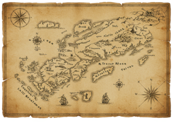 Vintage treasure map parchment isolated on white background, no depth of field, sharp.