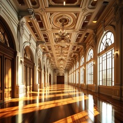 Obraz premium Magnificent Classic Hall Interior with Ornate Wood Ceiling and Chandelier Glow