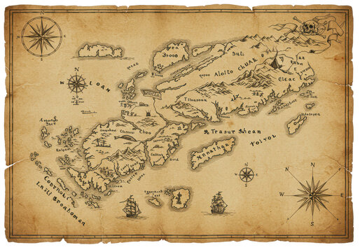 Vintage treasure map parchment isolated on white background, no depth of field, sharp.