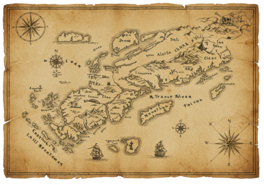 Vintage treasure map parchment isolated on white background, no depth of field, sharp.