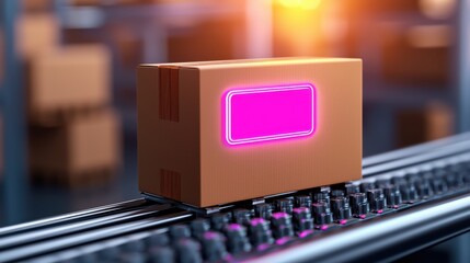 Modern Warehouse Conveyor System with Illuminated Package on Track