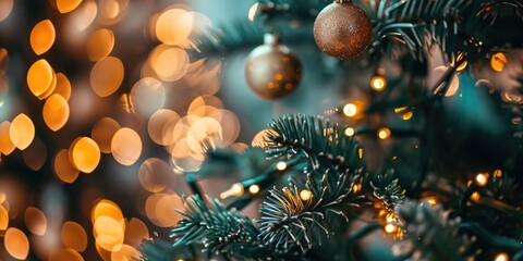 Merry Christmas and Happy New Year Festive Background with Decorated Tree and Bokeh Lights