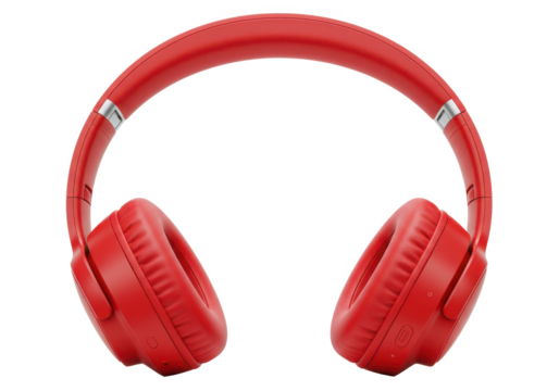 Red wireless headphone isolated on white background, no depth of field, sharp.