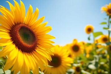 Obraz premium Sunflowers in the morning sunrise plantation.