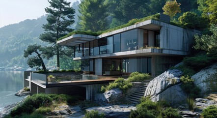 Fototapeta premium Modern Architectural Design: Mountain House with Natural Surroundings and Water Feature
