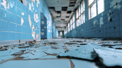 Abandoned corridor with cracked tiles and peeling paint, evoking desolation