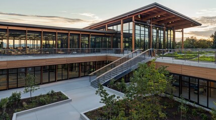 Obraz premium Sustainable architecture showcase green building materials initiative urban environment modern design outdoor space community engagement