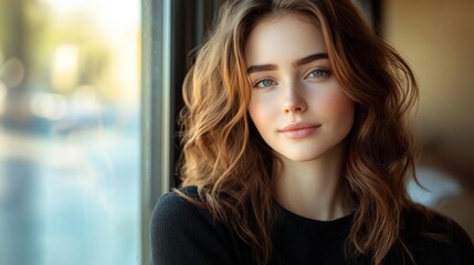 Fototapeta premium Introspective Young Woman by Window in Soft Natural Light