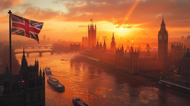 Natural Lighting, Cinematic, a view of UK Parliament, over a sunset. at the left corner add a UK flag blown by wind