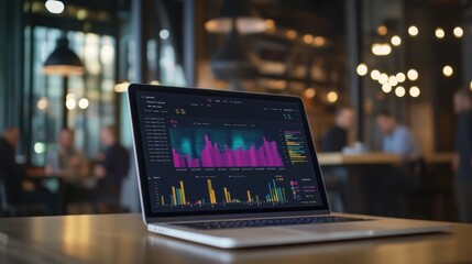 Fototapeta premium A colorful visualization of production metrics on a laptop in a bustling office environment.