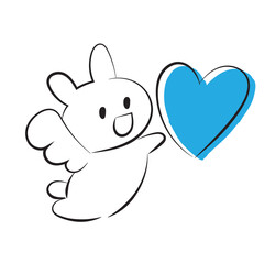 Cute loose hand-drawn illustration of a rabbit with wings holding a heart symbol.