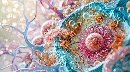 Naklejka premium cell with nucleus, mitochondria and ribosomes, light colors 