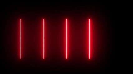 Five vertical red neon lines glow in a dark room, casting reflections on the floor.Colorful Neon Light Technology Loop Dancing Stage Isolated Transparent black Background - Powered by Adobe