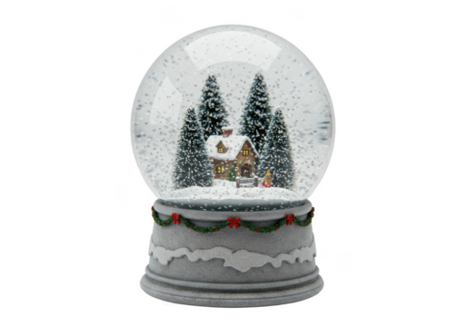 Snow globe with snowflakes isolated on white background, no depth of field, sharp.
