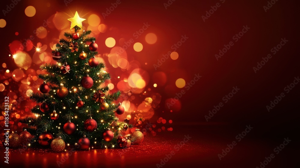 Wall mural a glowing christmas tree with sparkling lights and ornaments against a festive red background with b