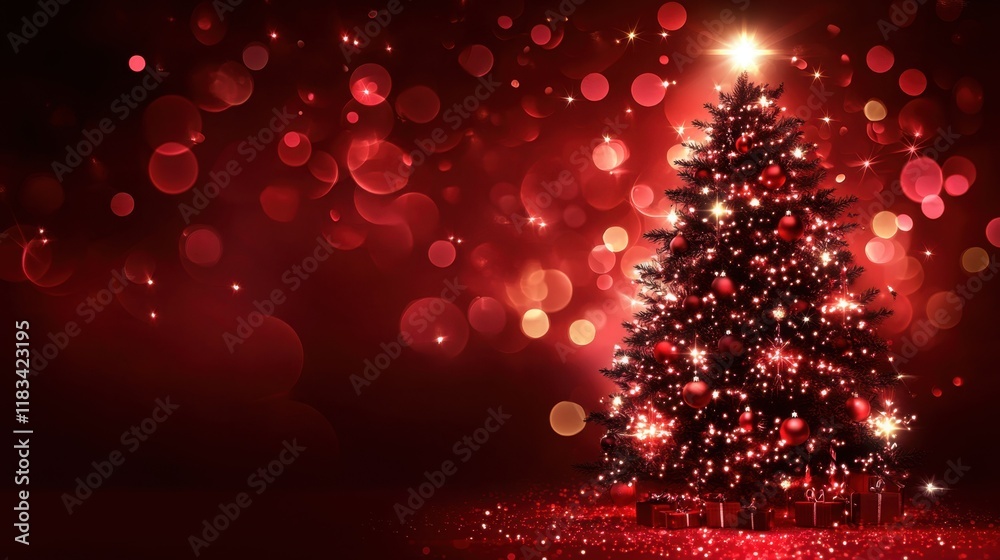 Wall mural a glowing christmas tree with sparkling lights and ornaments against a festive red background with b