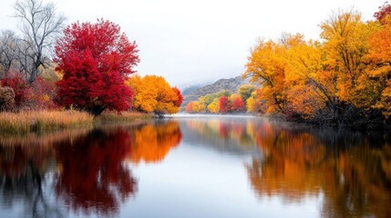 Obraz premium Tranquil Autumn Landscape with Colorful Trees and Reflections on Still Water
