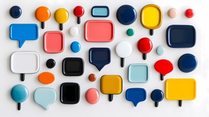 Colorful Speech Bubbles and Circular Shapes in Various Sizes and Colors Arranged Playfully on a White Background for Creative Communication and Design Concepts