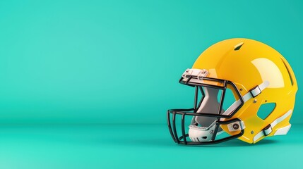 Fototapeta premium Bright Yellow American Football Helmet on Teal Background Surface