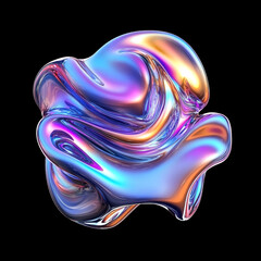 Obraz premium Holographic organic shapes isolated on dark transparent background. Label tag mockup, liquid amoeba irregular form. Rainbow neon color organic blob.