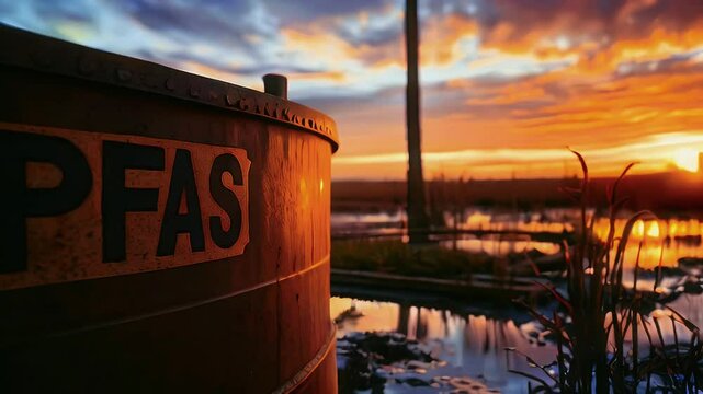 A close-up of a barrel labeled "PFAS" against a sunset over a wetland area.