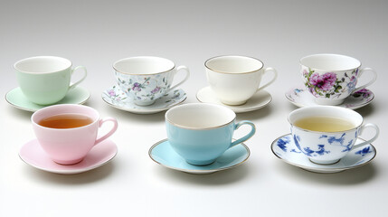 Elegant assortment of tea cups in various colors and designs, perfect for tea lovers