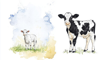 black and white cow stands in grassy field, showcasing its unique markings. watercolor background adds soft touch to scene