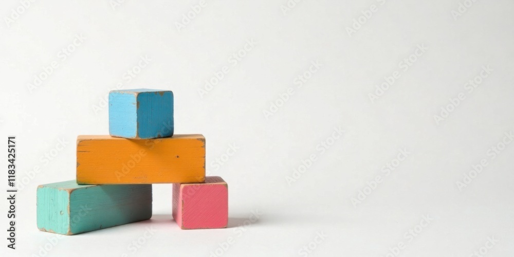 Poster Pastel Wooden Blocks Arranged in a Simple Stack Against a White Background
