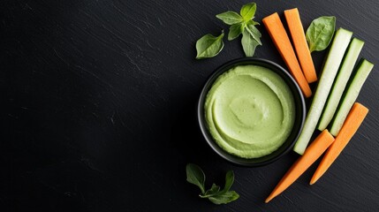 A bowl of green dip with carrot sticks and basil leaves