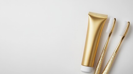 Luxury Gold Toothbrushes and Toothpaste Tube on White Background.