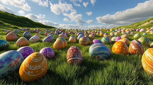 Easter event in a sunny open field with eggs of various colors and patterns