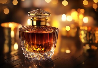 Luxury Perfume Bottle Rests on Dark Wood Amidst Golden Bokeh Lights.
