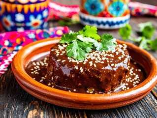 Delicious Mole Poblano Dish with Cilantro and Sesame Seeds