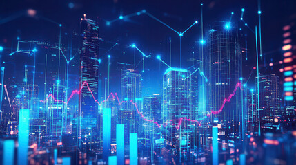 Fototapeta premium A digital cityscape with glowing blue and red graphs, a digital twin, stock market charts and icons, financial data visualization on the background, a night sky